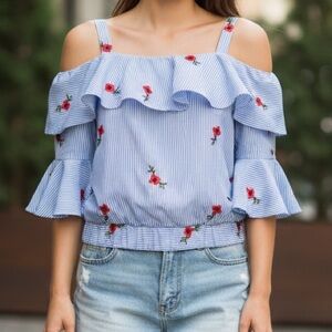 Embroidered Cold Shoulder Blouse Top - Size S Citadel Boutique 100% Cotton